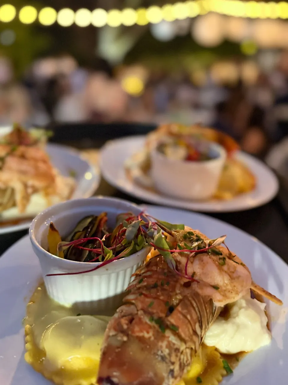 Plated lobster tail with mashed potato and a side salad