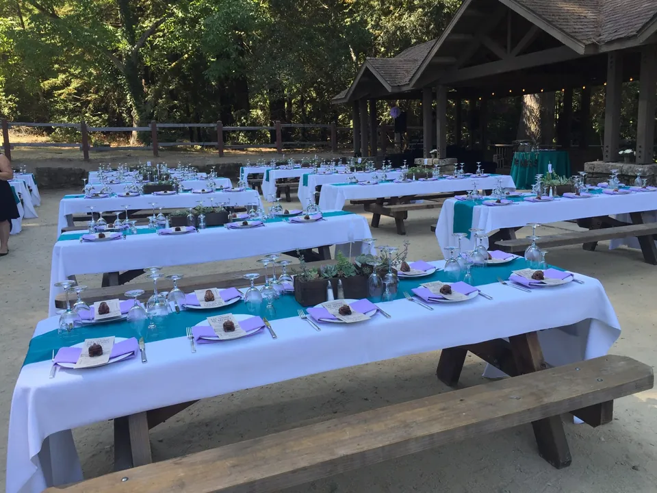 Long picnic tables set in a park with teal and lavender linen