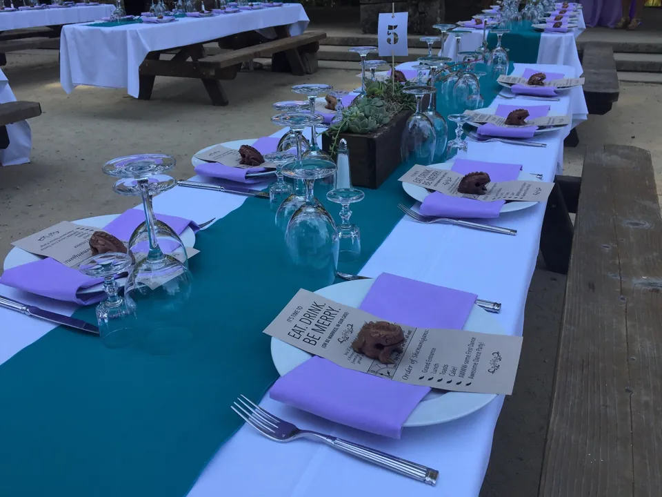 Picnic tables in a park with teal runners and lavender napkins